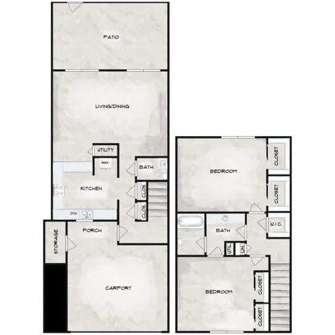 A floor plan of a house with a patio, living/dining area, kitchen, porch, and two bedrooms.